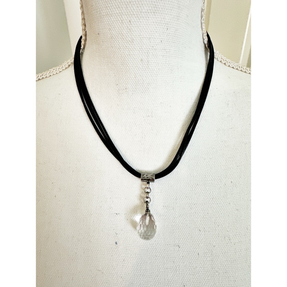 Silpada Multi-Strand Black Leather Necklace W/ A Faceted Quartz Pendant 16”